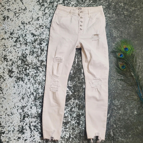 We The Free Cream Distressed High Rise Jeans - Picture 1 of 9
